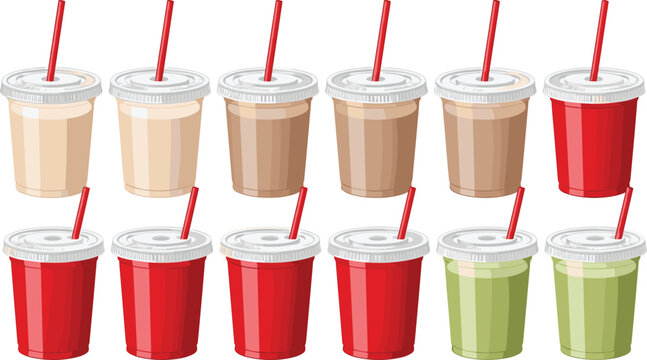 Disposable Drink Cup Collection with Smoothies Milkshakes Juices and Cold Beverage Takeaway Containers