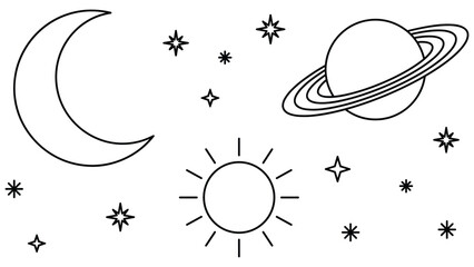 Celestial Space Outline Set with Moon Saturn Sun and Stars for Astronomy Decoration and Cosmic Design Element © N R B