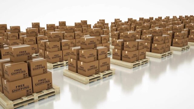 Rows of wooden pallets loaded with cardboard boxes labeled Free Shipping in a large warehouse space
