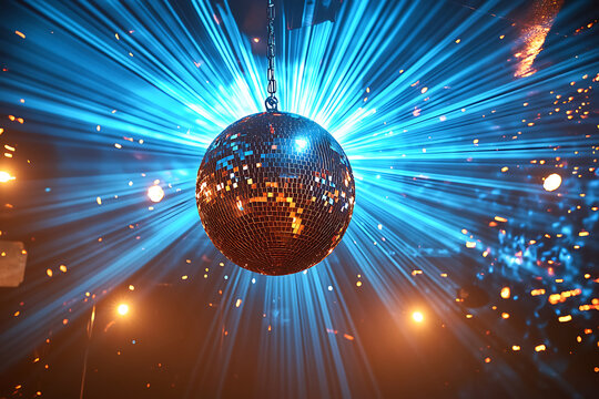Disco ball reflecting bright colorful light beams creating a vibrant party nightlife and entertainment background.