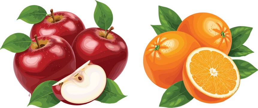 Fresh apple and orange fruit collection with leaves and sliced pieces realistic vector illustration set
