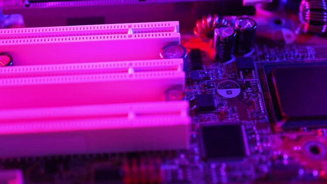 Close up view on PC hardware as concept of cyber attacks target physical components such as CPUs, motherboards, firmware, USB ports, and memory chips. Bypass software defense and physical protection.