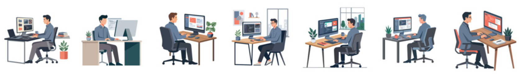 Naklejka premium Flat design vector illustrations depicting people working on computers, showcasing modern office productivity, remote work, and contemporary digital business tasks