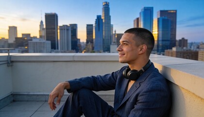 Obraz premium Young man smiling on a rooftop at sunset with city skyline background. Professional male with headphones around neck in Los Angeles. Urban lifestyle and success concept