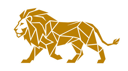 Geometric Lion Silhouette Walking, Golden Animal Icon © leyat