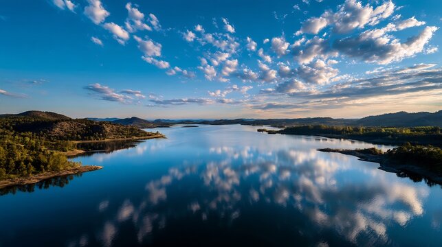 Stunning scenic view overlooking majestic serene lake vast expanse of water perfectly reflecting blue sky cloud late afternoon warm sunlight shooting straight down directly above shallow focus ultra
