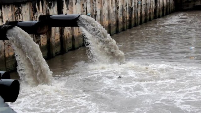 Industrial wastewater discharging heavily from large pipes into a river, causing severe water pollution