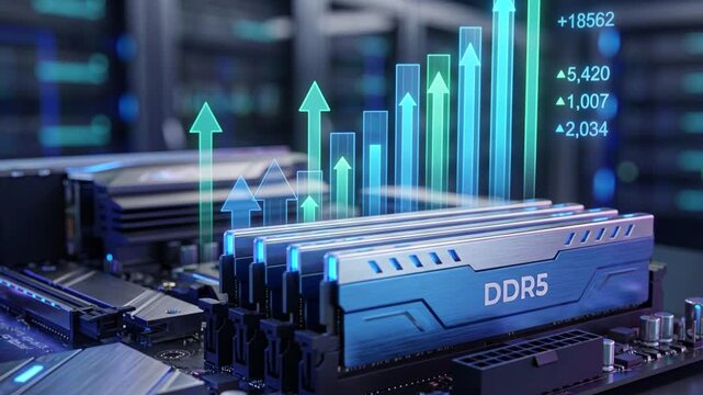 DDR5 memory modules installed on a high performance motherboard with glowing upward growth charts and analytics indicators. Concept of rising RAM prices