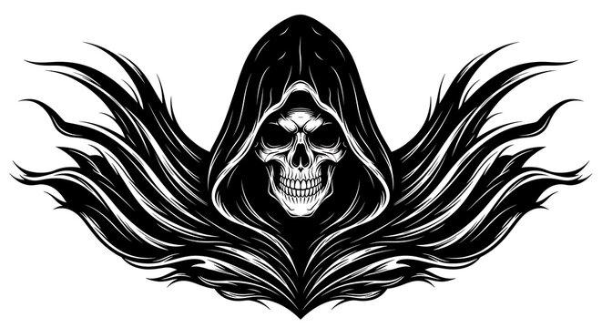 Black and white grim reaper skull in a dark hooded cloak illustration