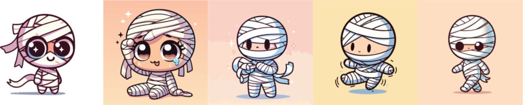 Cute zombie cartoon characters in playful poses. Adorable undead kids with bandages for Halloween or horror-themed designs.