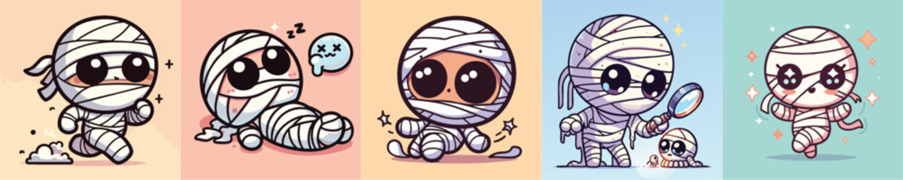 Five cute cartoon mummy characters in different poses 1.