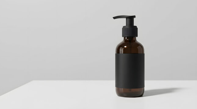 Mock up of a brown glass bottle with black pump and label for soap or lotion product display