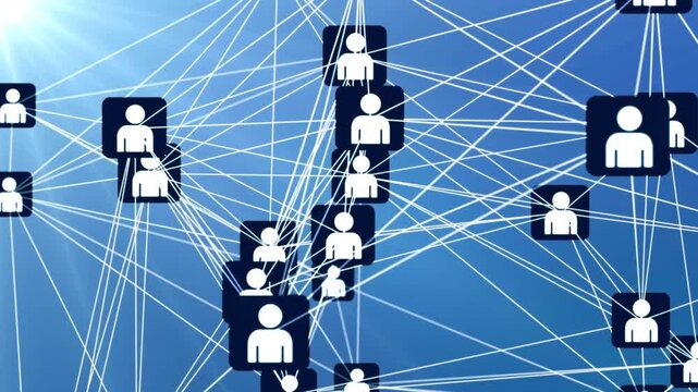 3D motion graphics of connected user profile icons representing a social network or global communication system