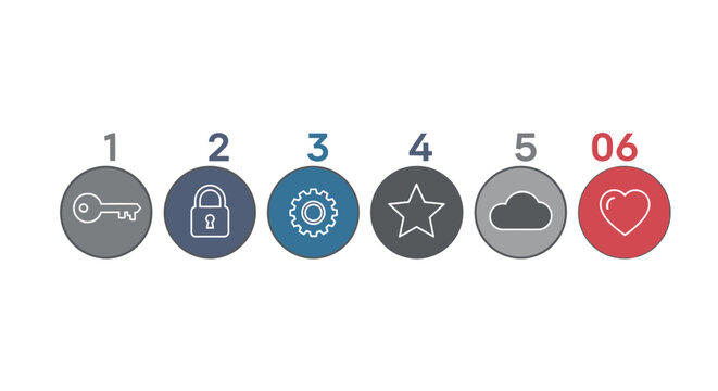 Set of 6 Icons: Key, Lock, Gear, Star, Cloud, Heart - Blue and Red Circles
