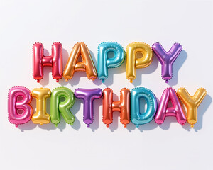 Fototapeta premium Multicolored letter balloons forming Happy Birthday on a white background, perfect for a birthday celebration, in a bright and festive style.