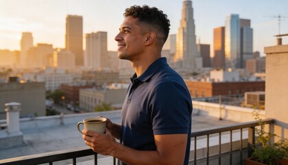Fototapeta premium Man holding coffee mug on urban rooftop at golden hour. Smiling male looking at city skyline during sunset. Urban lifestyle and morning routine concept