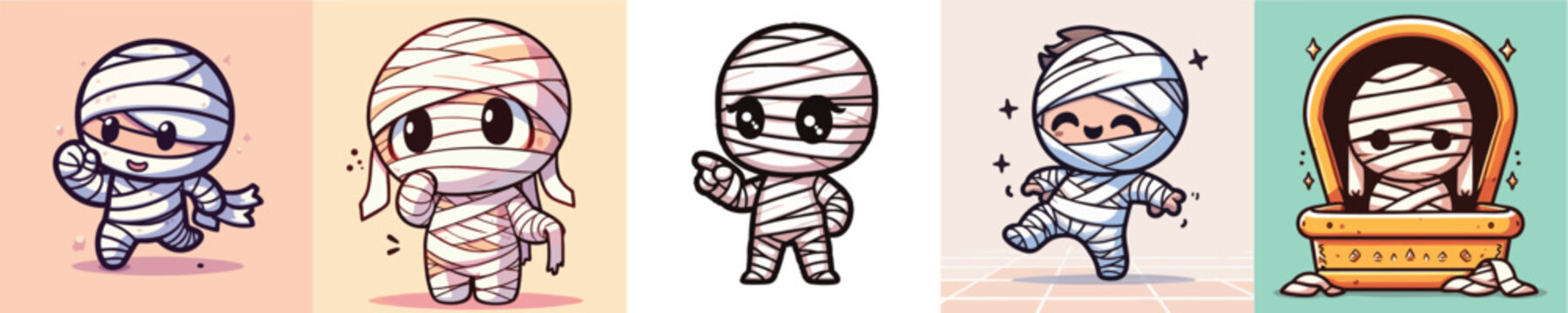 Set of five cute cartoon mummy characters in different poses and styles.