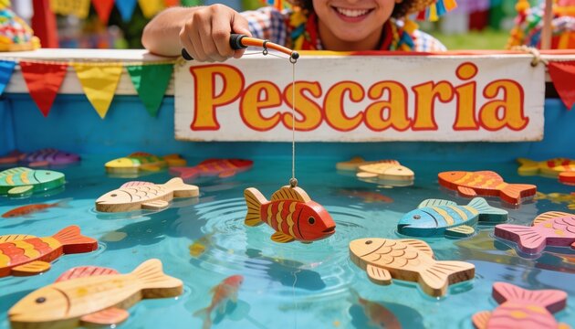 Child playing traditional pescaria fishing game at a Brazilian Festa Junina. Colorful wooden fish in a water tank at a folk festival. Smiling kid enjoying outdoor celebration