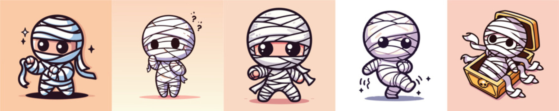 Set of five cute cartoon mummy character illustrations in different poses.