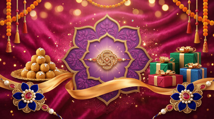 Fototapeta premium Festive Raksha Bandhan celebration banner with gifts sweets and ornate rakhi for sibling bonding