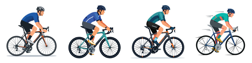 Fototapeta premium Four cyclists in different postures demonstrating aerodynamic positions on bicycles