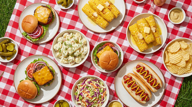 Top-down view of a delicious summer BBQ feast with hamburgers, hot dogs, grilled corn, and potato salad on a red and white checkered cloth over green grass. Bright natural light.