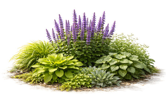 A vibrant cluster of tall purple salvia flowers surrounded by lush green hostas and ornamental grasses isolated on a clean white background for design
