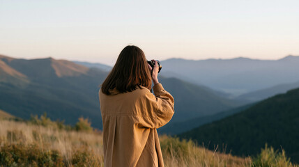 Obraz premium Female photographer taking photos of beautiful natural scenery, outdoor photography lifestyle concept, with copy space