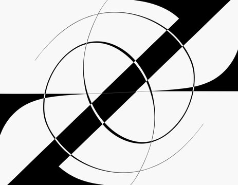 Abstract geometric composition with intersecting circles and diagonal stripes in black and white