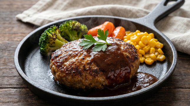 Close-up of a juicy Japanese hambagu steak served on a hot cast-iron skillet with rich demi-glace sauce and a side of roasted vegetables in a rustic setting.