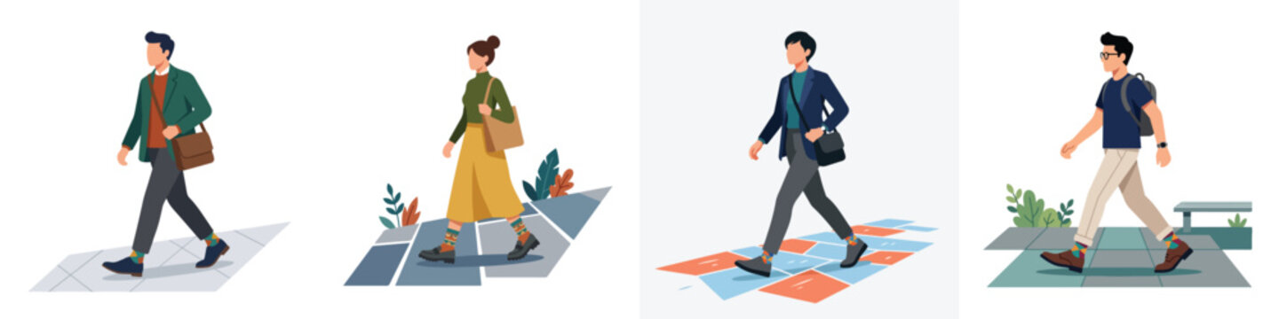 Illustrations of men and women casually walking with bags and backpacks in modern city environments, representing daily commutes and independent movement