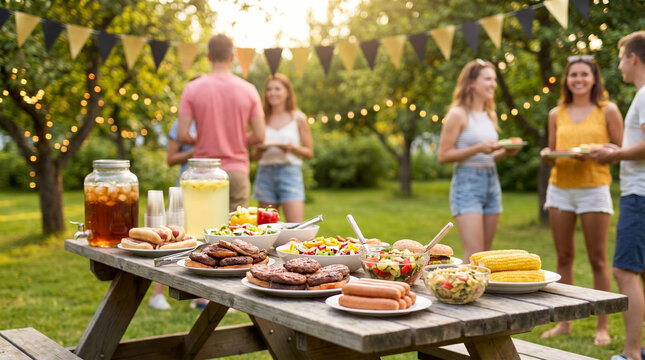 Festive outdoor graduation BBQ party scene with a table full of grilled food, cold drinks, and string lights in a sunny backyard. Perfect for a celebration background.