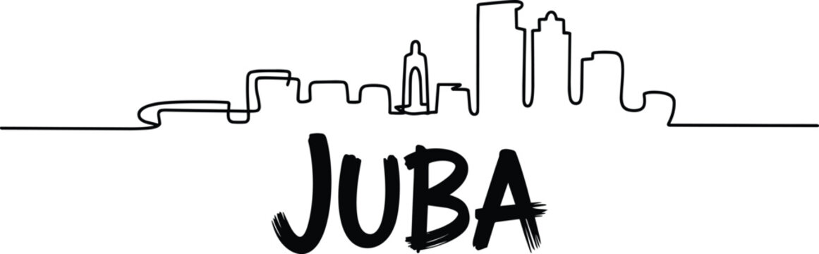 Juba city skyline illustration with abstract line art buildings and bold brush script text, modern urban landscape and architecture, hand drawn