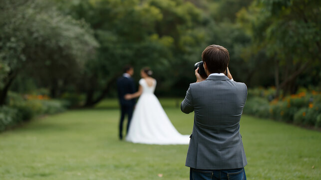 Professional photographer taking pictures of a bride and groom in a garden, wedding photography in action concept, with copy space