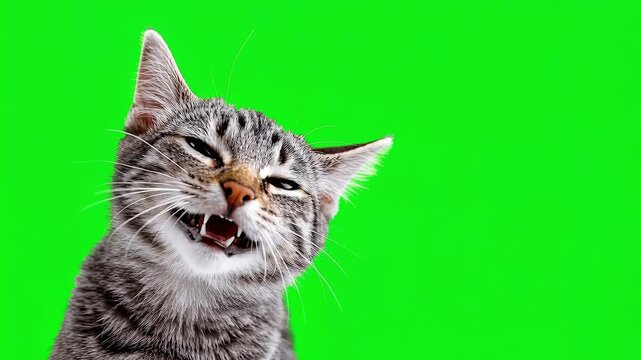 A surprised tabby kitten with its mouth open against a bright green background. A funny video animation of a pet with space for text for advertising, banners, and memes.