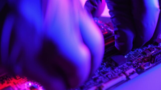 Close up view on PC hardware as concept of cyber attacks target physical components such as CPUs, motherboards, firmware, USB ports, and memory chips. Bypass software defense and physical protection.