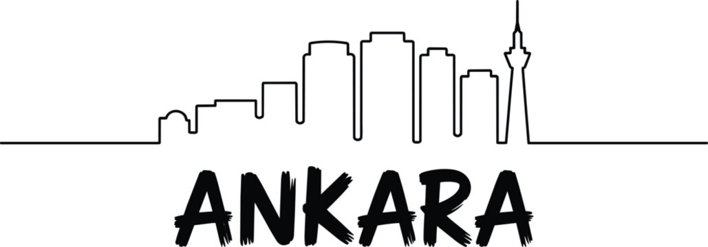 Ankara skyline silhouette in a single line drawing style, featuring modern buildings and a tall tower, with the city name in brush stroke letters belo