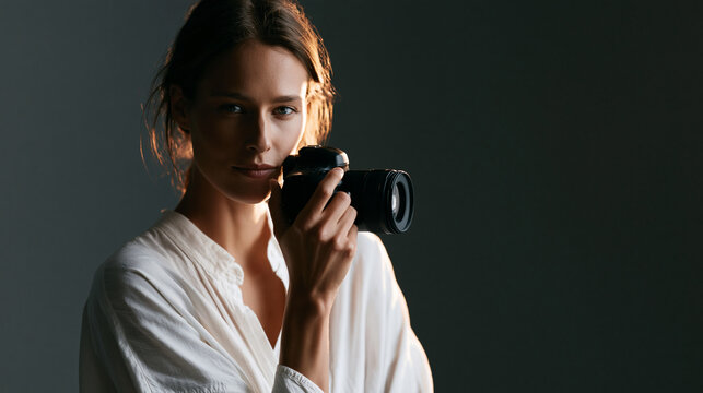 Portrait photographer with a state-of-the-art camera taking pictures with softboxes flashing in a professional studio, with copy space