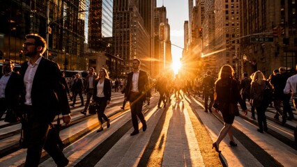 Obraz premium Commuters walking on city street during golden hour sunset.