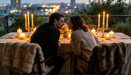 Fototapeta premium Romantic candlelit dinner for a couple on a city balcony. Intimate date night with urban cityscape view