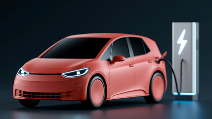Obraz premium minimalist 3D render of an electric vehicle charging scene, dark navy to charcoal gradient studio background, compact modern electric hatchback in soft red color, redesigned car sh