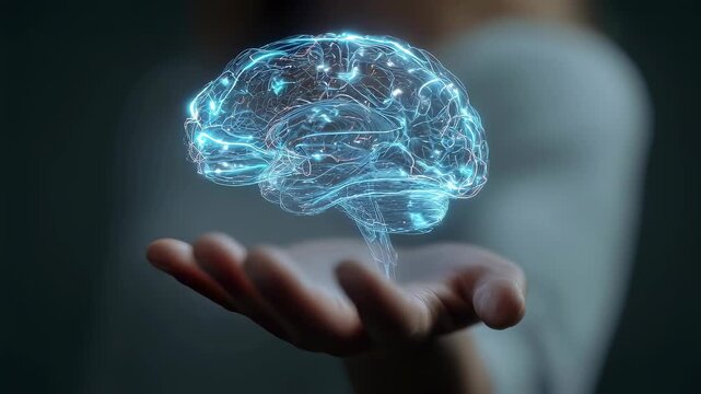 Glowing blue holographic brain projection floating above open human hand in futuristic technology concept