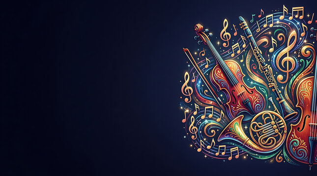 Classical musical instruments with glowing notes on dark background