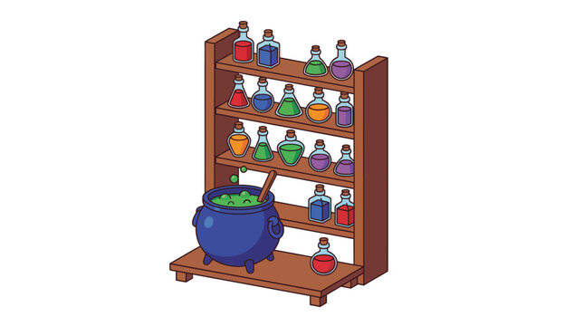Wizard potion shelf with bubbling cauldron and colorful glass bottles for fantasy alchemy experiments in isometric style