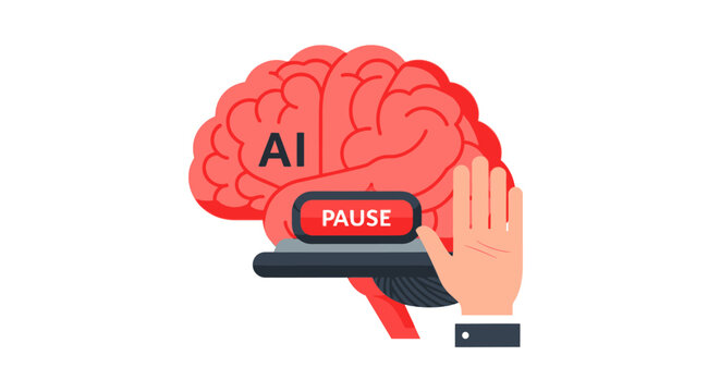 AI Ethics Concept Illustration showing Human Hand Stopping or Pausing Artificial Intelligence Development with Brain Icon and Red Pause Button