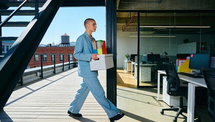 Fototapeta premium Professional person leaving office with a box of belongings. Resignation and career change concept. Employee walking on a rooftop terrace with city view
