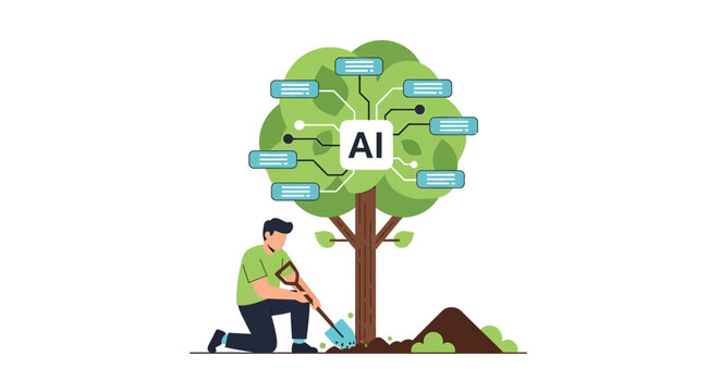 AI Growth Concept Illustration with Man Planting a Digital Tree Representing Sustainable Artificial Intelligence and Technology Innovation