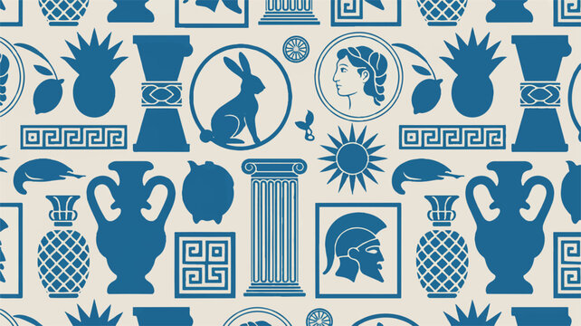 Blue and white seamless pattern with ancient greek style icons and symbols