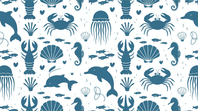 blue sea creatures pattern on white background