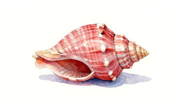 Delicate watercolor painting of a pink and white striped seashell on a white background